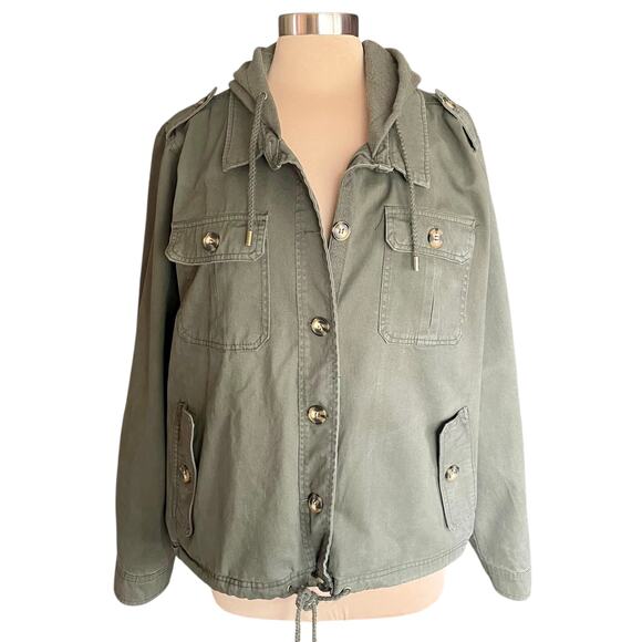 Ashley Olive Green Button Front Hooded Utility Jacket Sz 3X Chore Farm Military - Picture 1 of 8